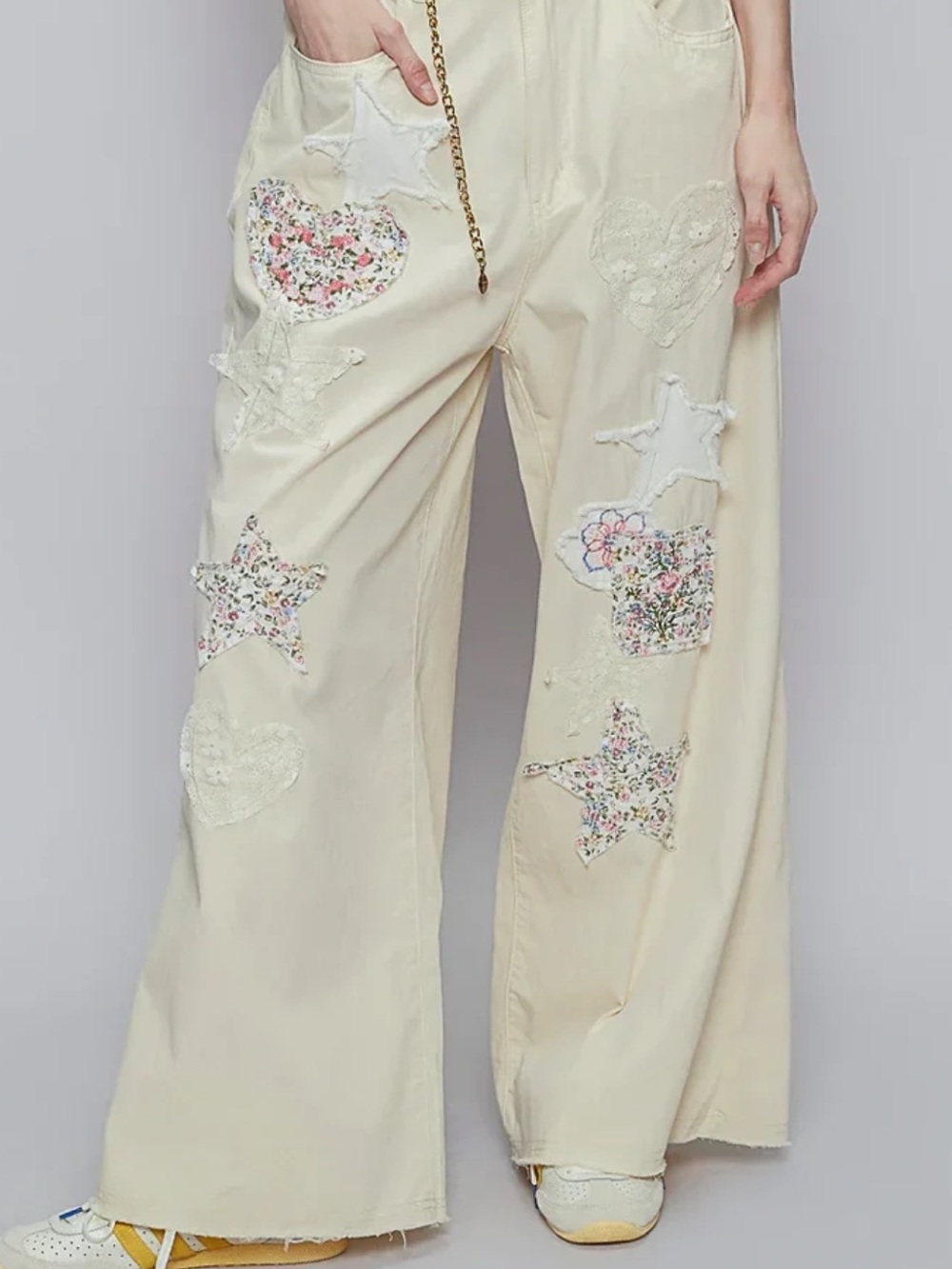 New: POL “Heart + Stars” Distressed Mixed Embroidery Patchwork Wide Leg Pants• M - Picture 4 of 5